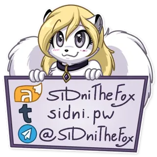 🖼 SIdniTheFox
sidni.pw
@SIdniTheFox Furry, Cartoon, Fuchs, Charakter, Soziale Medien whatsapp sticker