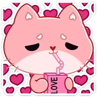 ❤️ LOVE кот, любовь, напиток, сок, розовый, сердечки, милый, мультфильм telegram sticker