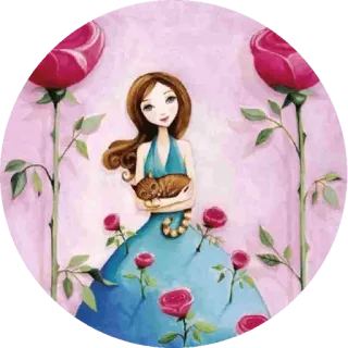 🌹 女孩, 猫, 玫瑰, 裙子, 艺术品, 绘画 telegram sticker