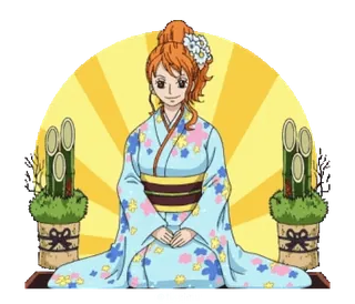 🙏 Nami One Piece 애니메이션, 캐릭터, 주황색 머리, 기모노 telegram sticker