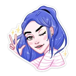 😉 sticker, cartoon, mädchen, zwinkern, friedenszeichen, glitzer telegram sticker
