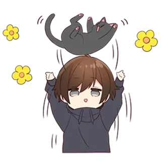 🐈‍⬛ Anime, Kot, Chłopak, Słodkie, Kwiaty, Chibi telegram sticker