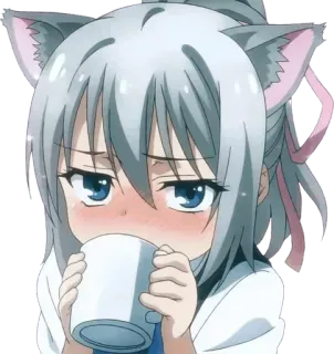 😳 anime, cat ears, cute, girl, drinking, cup, kawaii telegram sticker