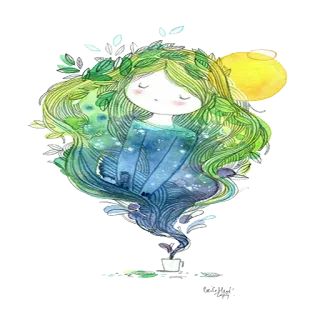 ☕ naturaleza, acuarela, chica, luna, hojas, fantasía, arte telegram sticker