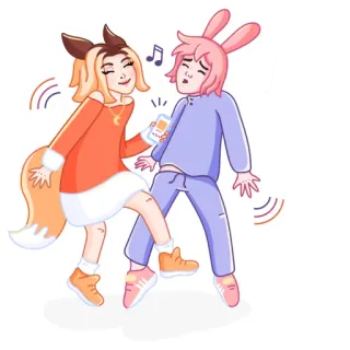 💃 เต้น, เพลง, สาวจิ้งจอก, หนุ่มกระต่าย, น่ารัก, อนิเมะ, เพื่อน, มีความสุข telegram sticker