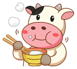 🍜 krowa, zwierzę, słodki, kreskówka, jedzenie, ryż, miska, pałeczki telegram sticker