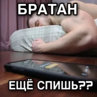 ❔ БРАТАН
ЕЩЁ СПИШЬ?? sleeping, brother, meme, russian, sleepy, friend telegram sticker