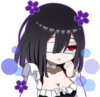 😐 anime, cartoon, sad, crying, eye patch, purple, flowers whatsapp sticker