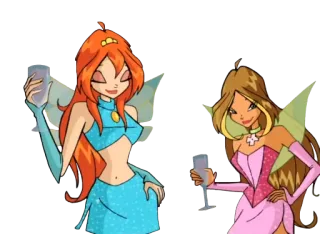 🥂 desenho animado, fadas, Winx Club, Bloom, Flora, animado telegram sticker