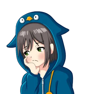 😒 fille anime, triste, pingouin, sweat à capuche, mignon, dessin animé whatsapp sticker