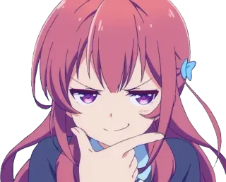 😏 animé, fille, pensif, suffisant, mignon, yeux violets, cheveux roux telegram sticker