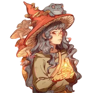 🍄 witch, mushroom, frog, magic, girl, cute, fantasy telegram sticker