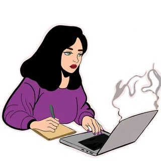 👩‍💻 mujer, portátil, escribiendo, estudio, cuaderno, chica, trabajo, oficina telegram sticker