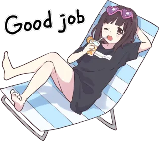 👍 Good Job Anime, Meisje, Strand, Ontspanning, Zomer, Goed gedaan, Zon, Cartoon whatsapp sticker