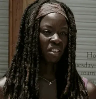 😬 Michonne The Walking Dead zła, kobieta, dredy, Walking Dead, serial TV telegram sticker