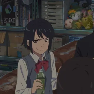 🍣 Miyamizu Mitsuha Your Name Anime, Écolière, Mitsuha, Boisson, Your Name, Sourire narquois telegram sticker