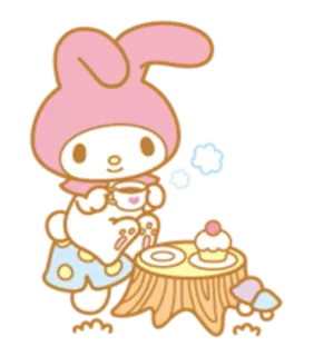 ☕ My Melody lucu, kawaii, sanrio, kelinci, cupcake, teh, meja telegram sticker