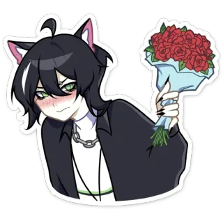💐 猫耳少年, アニメ, 可愛い, バラ, 花束, 赤面, ロマンチック telegram sticker