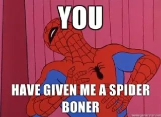 💦 Spider-Man YOU
HAVE GIVEN ME A SPIDER BONER superhero, marvel, funny, meme, spider telegram sticker