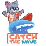 😄 CATCH THE WAVE gato, gafas de sol, ola, surf, verano, animal, dibujo animado, playa telegram sticker