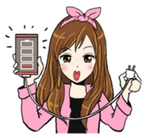🔋 cartoon, woman, phone, low battery, pink, charge, technology telegram sticker