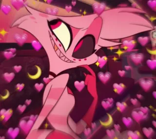 🤔 Angel Dust Hazbin Hotel แองเจิลดัสต์, Hazbin Hotel, การ์ตูน, หัวใจ, ประกาย, สีชมพู telegram sticker