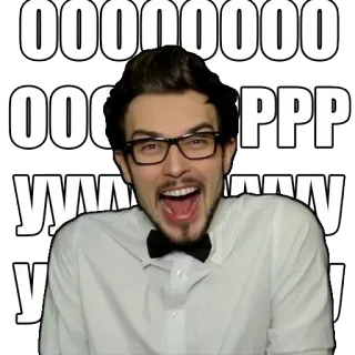 😂 OOOOOOOOOO OOO PPP YYYYYYYYY YYYYY homem, óculos, gravata borboleta, camisa branca, boca aberta, animado, adesivo telegram sticker
