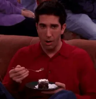 😐 Ross Geller Friends mężczyzna, jedzenie, ciasto, sitcom, lata 90., david schwimmer telegram sticker