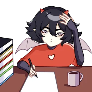 😤 demon, writing, desk, wings, horns, anime, illustration, thinking telegram sticker