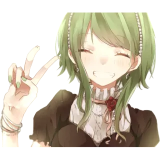 😁 Anime Mädchen, Kawaii, Friedenszeichen, lächelnd, süß, grüne Haare telegram sticker