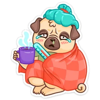 🤒 퍼그, 아픈, 감기, 온도계, 개, 만화, 질병 telegram sticker