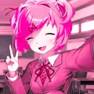 👾 Natsuki Doki Doki Literature Club! アニメ, 制服, 可愛い, ピンク, ピースサイン, ドキドキ文芸部, ナツキ whatsapp sticker