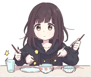 🥁 Anime, Fille, Manger, Baguettes, Nourriture telegram sticker