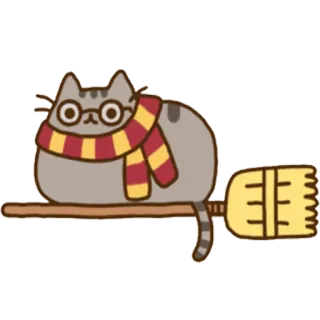 🚀 Pusheen Harry Potter 猫, Pusheen, ハリーポッター, 魔法使い, マフラー, ほうき, メガネ telegram sticker