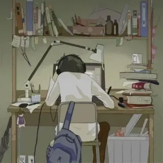 🌟 bureau, étude, livres, lampe, ordinateur, personne, casque, chaise telegram sticker