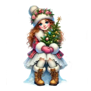 🧸 เด็กผู้หญิง, คริสต์มาส, ฤดูหนาว, ต้นไม้, วันหยุด, น่ารัก, หิมะ whatsapp sticker