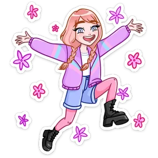 🤩 стикер, девушка, мультфильм, цветок, розовый, милый, персонаж, искусство telegram sticker