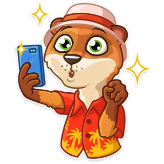 😮 loutre, dessin animé, animal, selfie, chemise hawaïenne, chapeau telegram sticker