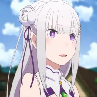 🤍 Emilia Re:Zero Anime, Elfo, Occhi viola, Capelli bianchi, Cartone animato telegram sticker