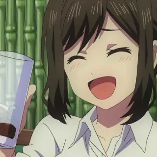 😆 anime, woman, smile, happy, brunette, drink telegram sticker