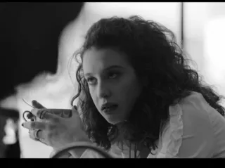 🐾 woman, portrait, black and white, curly hair, coffee, pensive telegram sticker
