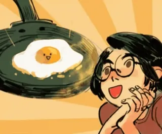 🍳 uovo, uovo fritto, cucina, cibo, felice, fumetto, donna whatsapp sticker