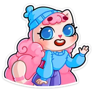 👋 kucing, merah muda, biru, kartun, stiker, imut, musim dingin, topi, melambai telegram sticker