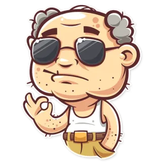 😎 dibujo animado, hombre, gesto OK, gafas de sol, anciano, calvo telegram sticker