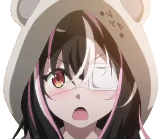 😠 Anime, Mädchen, Augenklappe, Bärenkapuze, niedlich telegram sticker