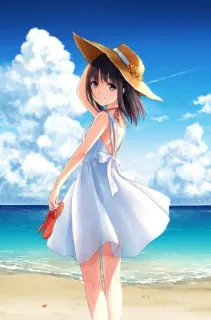 🌊 Anime, Chica, Playa, Verano, Sombrero, Vestido telegram sticker