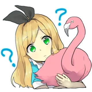 ❔ Alice Alice in Wonderland alice, wonderland, flamingo, question mark, anime, cute, girl, cartoon telegram sticker