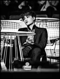♣ man, suit, portrait, chair, indoors, black and white telegram sticker