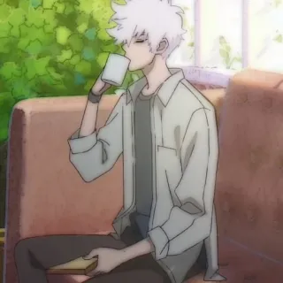 ⏱ anime, wit haar, drinken, ontspannen, café, kunst telegram sticker