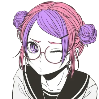 😗 Anime, Fille, Lunettes, Clin d'œil, Chignons, Kawaii, Manga, Uniforme scolaire telegram sticker